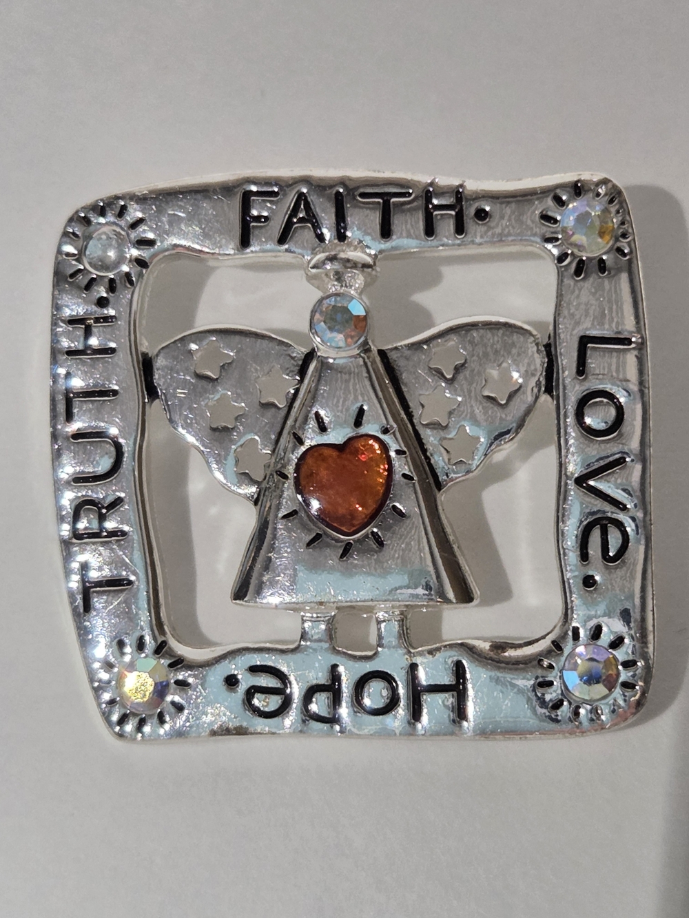 Silver-toned Angel Heart Pin with Red Heart Accent - Truth Faith Hope Love
